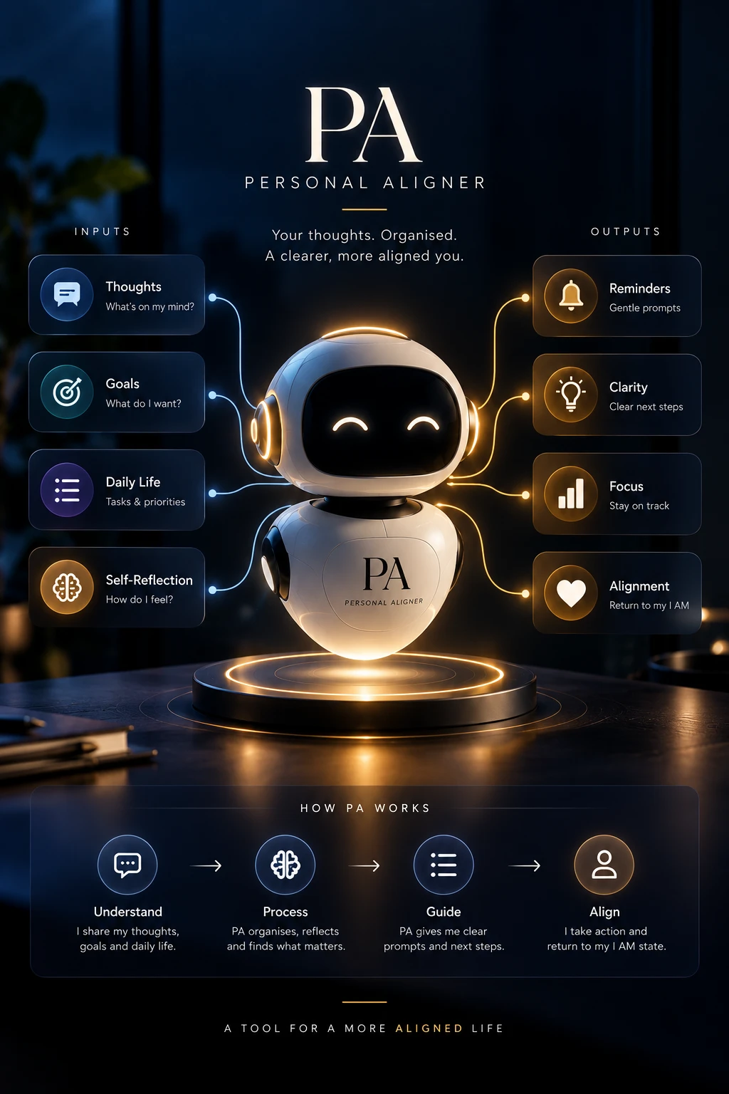PA, the Personal Aligner: a small white robot on a lit pedestal. Inputs on the left: thoughts, goals, daily life and self-reflection. Outputs on the right: reminders, clarity, focus and alignment. Below, how PA works: understand, process, guide, align.