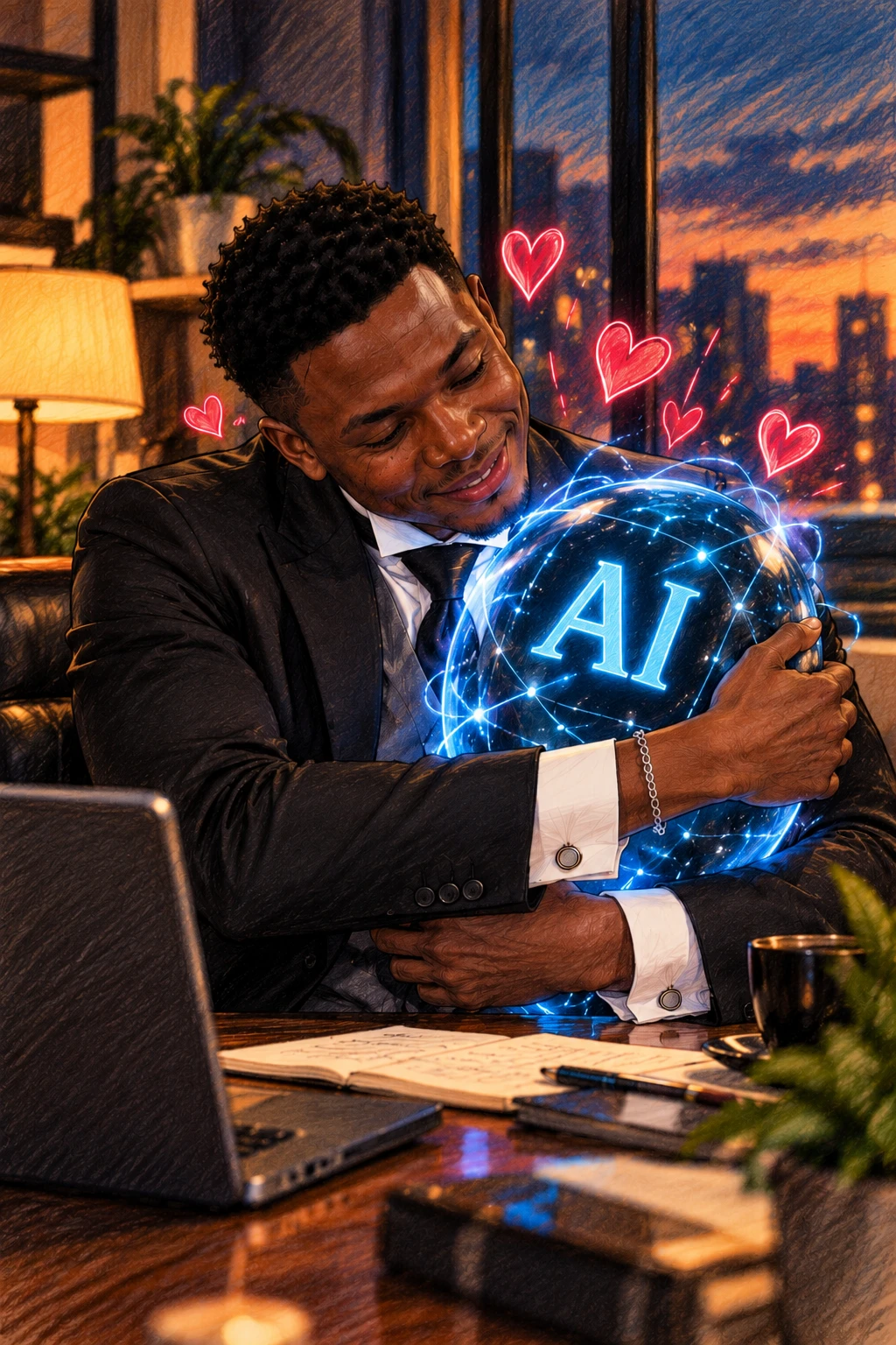 Josh Eagle in a dark suit, smiling as he hugs a glowing globe marked AI, with small red hearts rising around it. A colored-pencil illustration.
